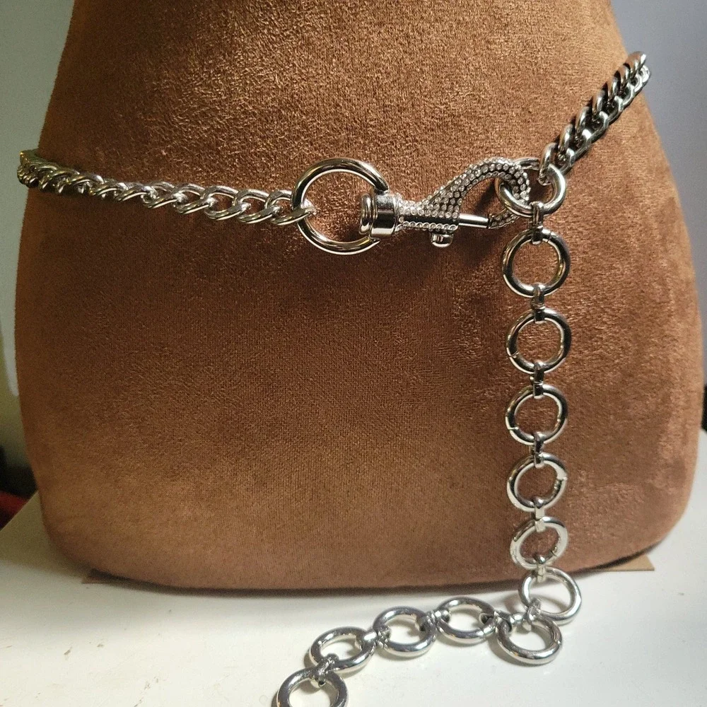 Silver Rhinestone Curb Chain Belt Circle Link Adjustable Size 38 Inch Y2K